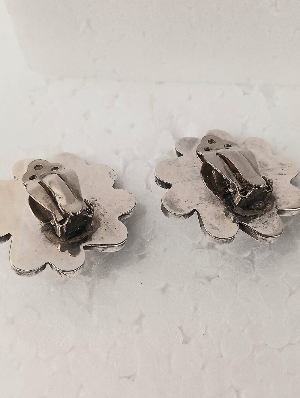 Earrings Clip Vintage Oxidized 925 Mexico Flower Domed Center Stamp TM 48 Taxco - Picture 8 of 12